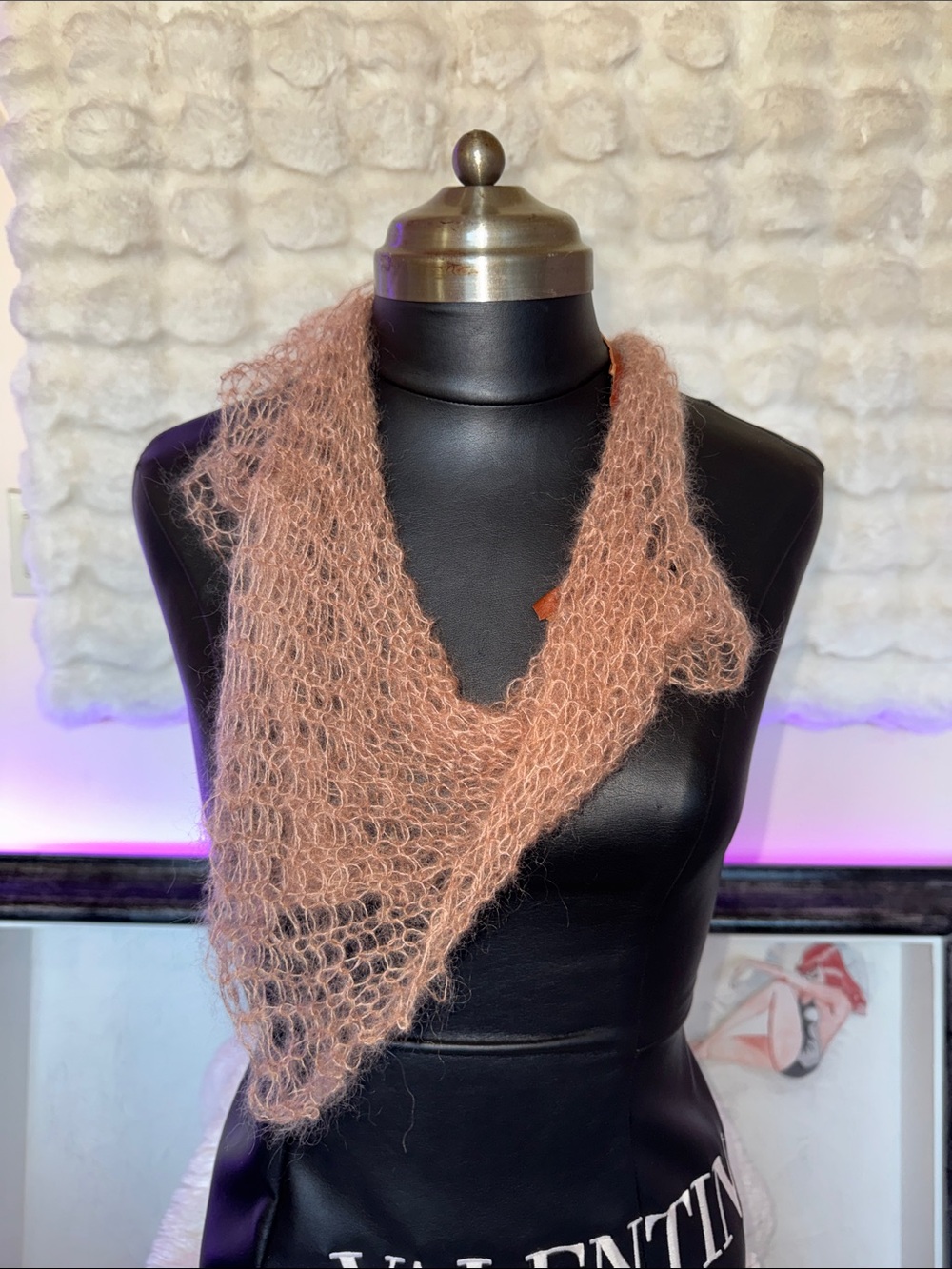 Hand Crafted dusty rose tan  open-knit mohair silk triangle scarf